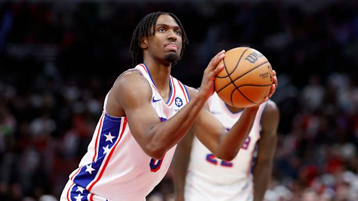 Philadelphia 76ers guard Tyrese Maxey shoots a free throw.